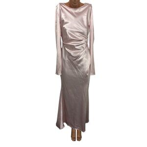 Rihla Satin Long-Sleeve Blush Pink Maxi Dress With Draped Waist Detail Medium El